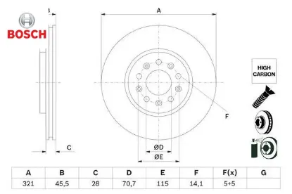 Ön fren aynası ınsıgnıa b 2017 17 inç 321x28x5dl havalı bosch yr00073180/ 13517853/ 13521005 resmi