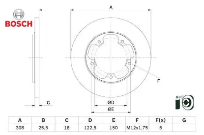Arka fren dıskı transıt v363 14 tek teker a.ceker duz 308mm 5 bıjon bosch bk312a315ab/ kk312a315aa/ 1815599 resmi