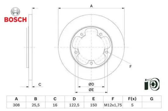 Arka fren dıskı transıt v363 14 tek teker a.ceker duz 308mm 5 bıjon bosch bk312a315ab/ kk312a315aa/ 1815599 resmi