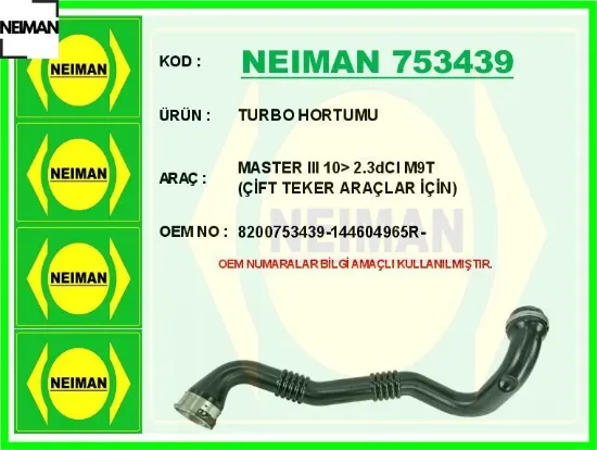 Turbo hortumu master ııı 10 2.3dcı m9t çift teker araçlar için neıman 8200753439/ 144604965r/  resmi