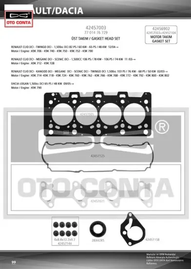 Üst takım contası clıo-kng-mgn-logan-sandero 1.5dcı k9k 712-714-718-724-760 teflon keçeli sub.las Otoconta 7701476729/ 8200351353/ 110444213R resmi