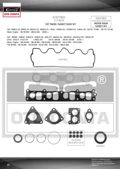 Üst takım contası doblo-astra h-vectra c-zafıra 1.9 jtd keçeli skc siz subap lastikli Otoconta 71718658/ 1606329 resmi
