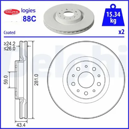 Fren diski ön havalı fıat egea 20> 281×26x43 4 5 delik Delphı 52159154/ 52159155 resmi