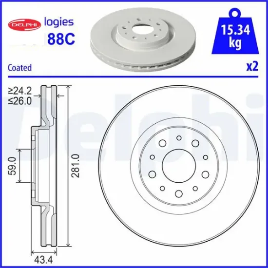 Fren diski ön havalı fıat egea 20> 281×26x43 4 5 delik Delphı 52159154/ 52159155 resmi