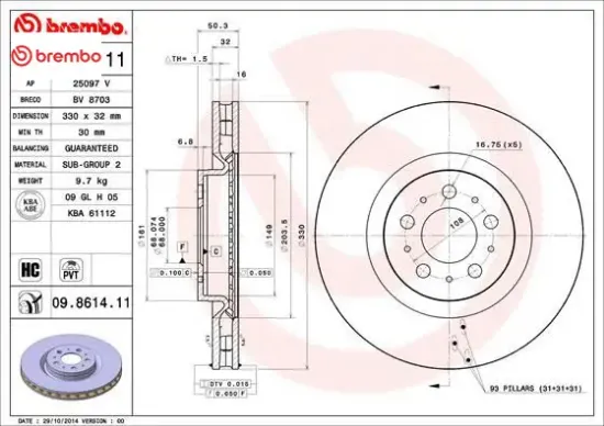 Ön fren aynası volvo s60 2.5t awd 384 2003-2010 v70 ıı 284 2003-2007 330×5dl Brembo 30645222/ 8672112 resmi