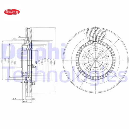 Ön fren aynası volvo s60 00-10 s80 98-06 v70 97-07 xc70 00-07 305×25x5dlx büyük tip delikli -9864784 Delphı 274170/ 274559/ 31262707/ 31262716 resmi