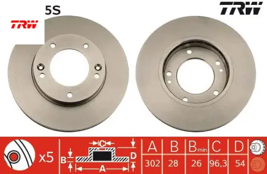 Ön fren diski hava kanallı kıa sorento 2.5l d4cb 02-> 302 çap x 5 bijon - adet disk fiyatıdır Trw 517123 resmi