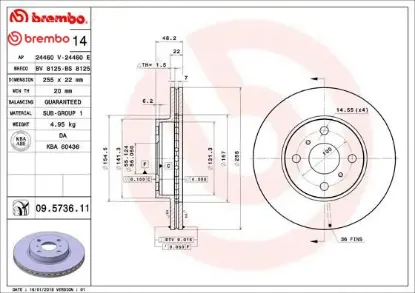 Ön fren diski hava kanallı toyota corolla 1.6l 4a-fe enjeksiyonlu ae101 ae111 92-00 255 çap x 4 bijo Brembo 4351212550 resmi