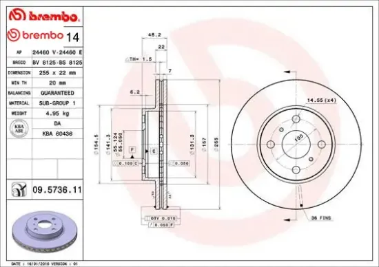 Ön fren diski hava kanallı toyota corolla 1.6l 4a-fe enjeksiyonlu ae101 ae111 92-00 255 çap x 4 bijo Brembo 4351212550 resmi