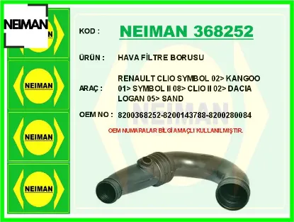 Hava filtre borusu renault clıo symbol 02> kangoo 01> symbol ıı 08> clıo ıı 02> dacıa logan 05> sand 8200368252/ 8200143788/ 8200280084 resmi