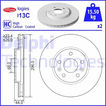 Ön fren diski renault megane ıv 15> talısman 15> dış çap:296mm k:26mm y:44mm 5 delik Delphı 402062000R resmi