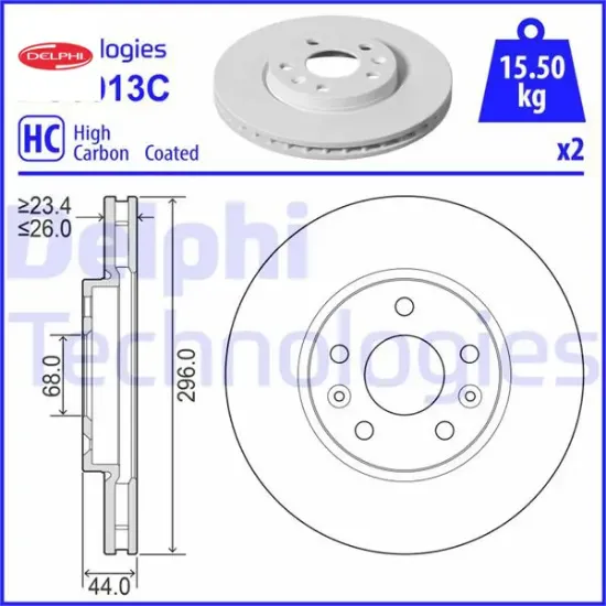 Ön fren diski renault megane ıv 15> talısman 15> dış çap:296mm k:26mm y:44mm 5 delik Delphı 402062000R resmi
