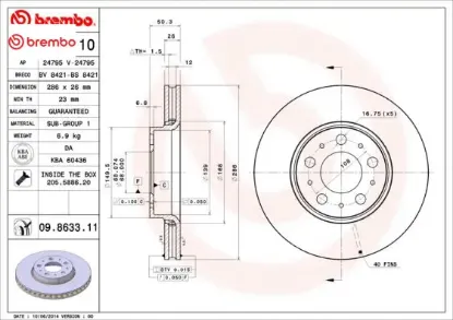 Ön fren aynası volvo s60 00-10 s80 98-06 v70 97-07 xc70 00-07 285×5dl küçük tip Brembo 2724037/ 31262706/ 31400739 resmi