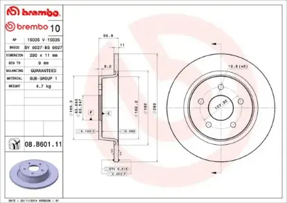 Fren diski arka ford focus-kuga-connect 11> çap:280mm merkezleme capı 63.5 mm yukseklık 50.8 mm 5 de Brembo DV612A315BA/ AV612A3315BA/ 1683383 resmi
