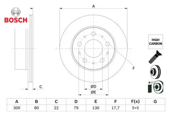 Fren diski arka fıat ducato 06> peugoet boxer 06> cıtroen jumper 06> 300×22x19.9mm Bosch 51957511/ 51957512/ 1612435780 resmi