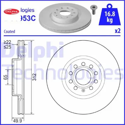 Fren diski ön vw passat-golf5-golf6-golf7-caddy-a3-leon-ford connect 23> çap: 312mm. kalınlık: 25mm Delphı 1K0615301AA/ 5C0615301B resmi