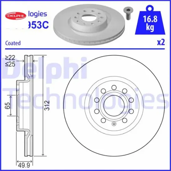 Fren diski ön vw passat-golf5-golf6-golf7-caddy-a3-leon-ford connect 23> çap: 312mm. kalınlık: 25mm Delphı 1K0615301AA/ 5C0615301B resmi