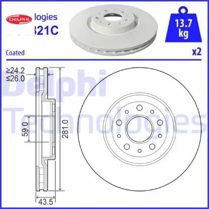 Ön fren aynası disk fıat egea 16> 1.0 1.3 mtj 1.4 1.5 1.6 mtj 5 bijon dış:284mm k:24mm Delphı 51990127 51996238 51996239 52017292 resmi