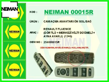Cam açma anahtarı ön sol/sağ renault fluence dörtlü merkezi kilit düğmeli ayna ayarlı 13 6 254000015R resmi