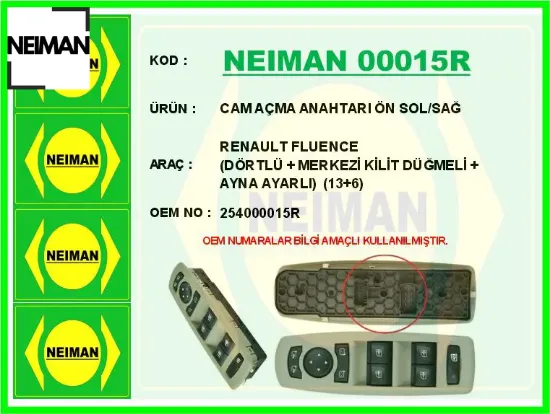 Cam açma anahtarı ön sol/sağ renault fluence dörtlü merkezi kilit düğmeli ayna ayarlı 13 6 254000015R resmi